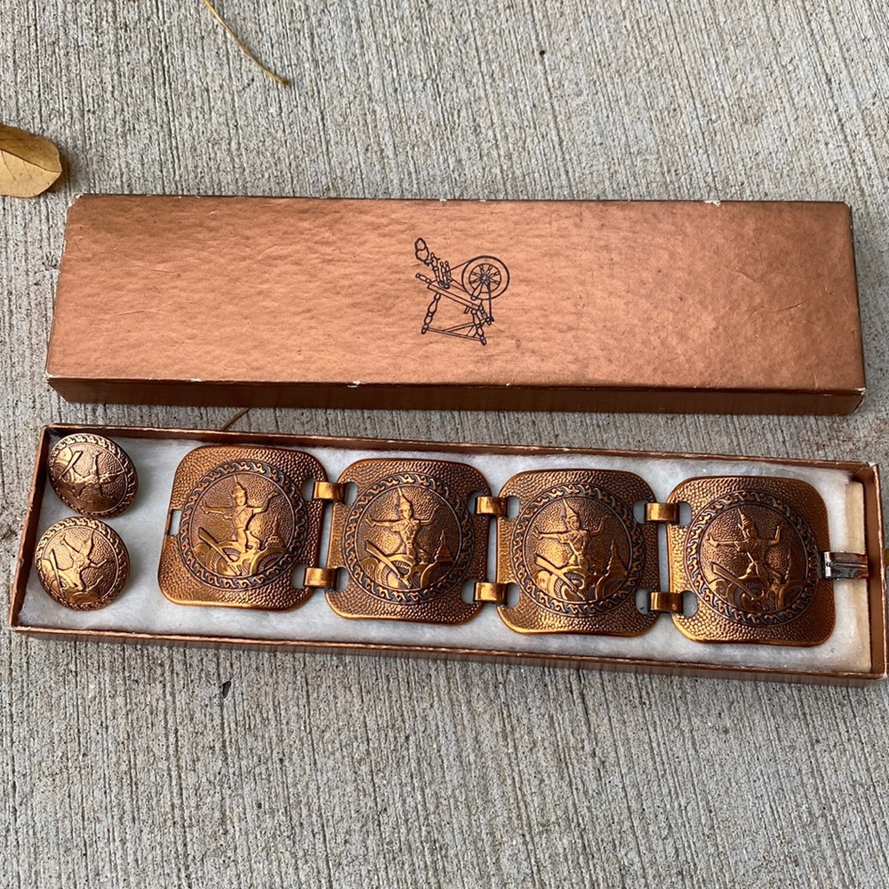 Vintage Siam Thailand Goddess Copper Bracelet and Matching Earrings